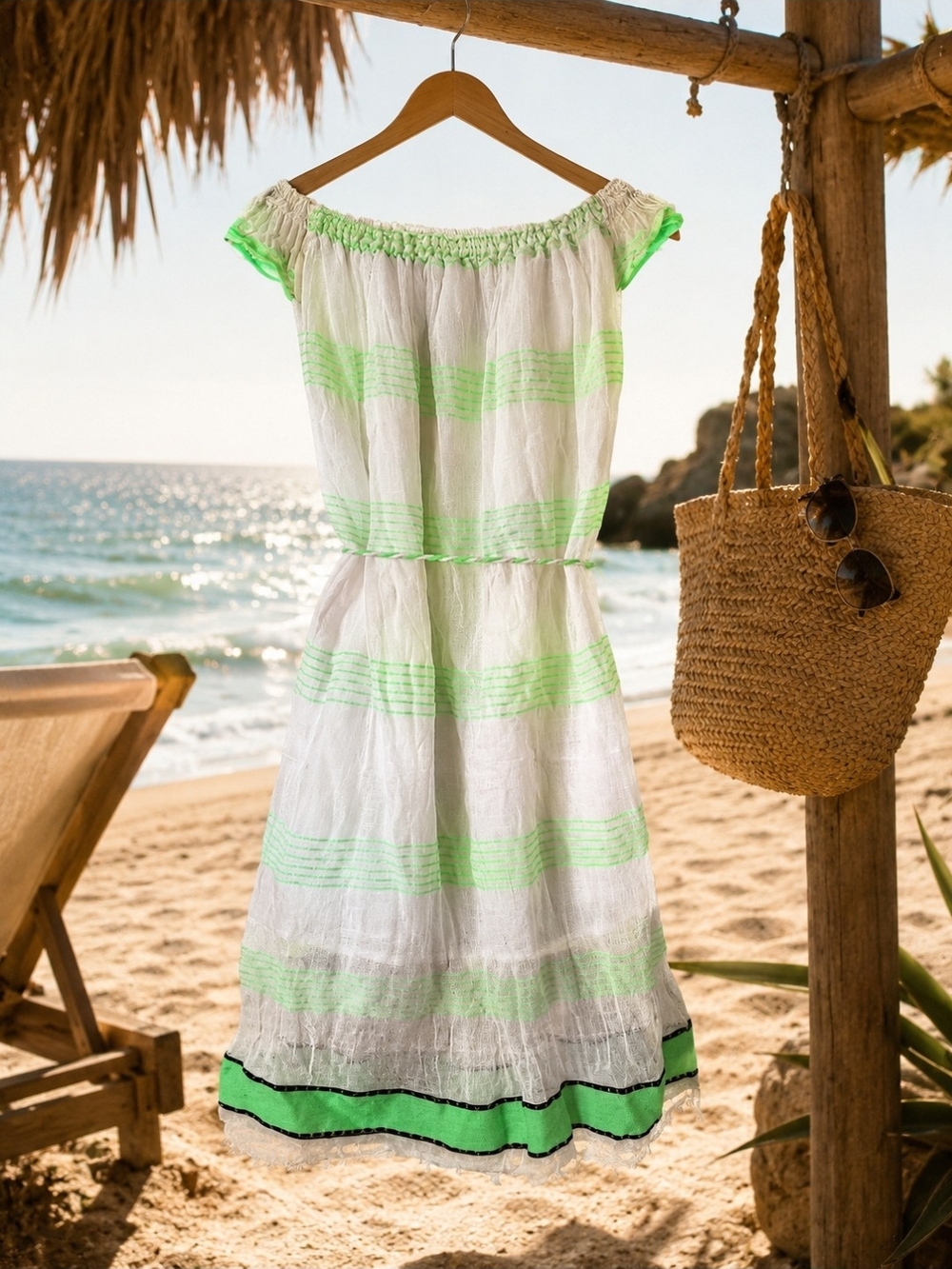 🌿 Vintage Ethiopian Kemis Off-Shoulder Gauze Dress | Beach Cover Up